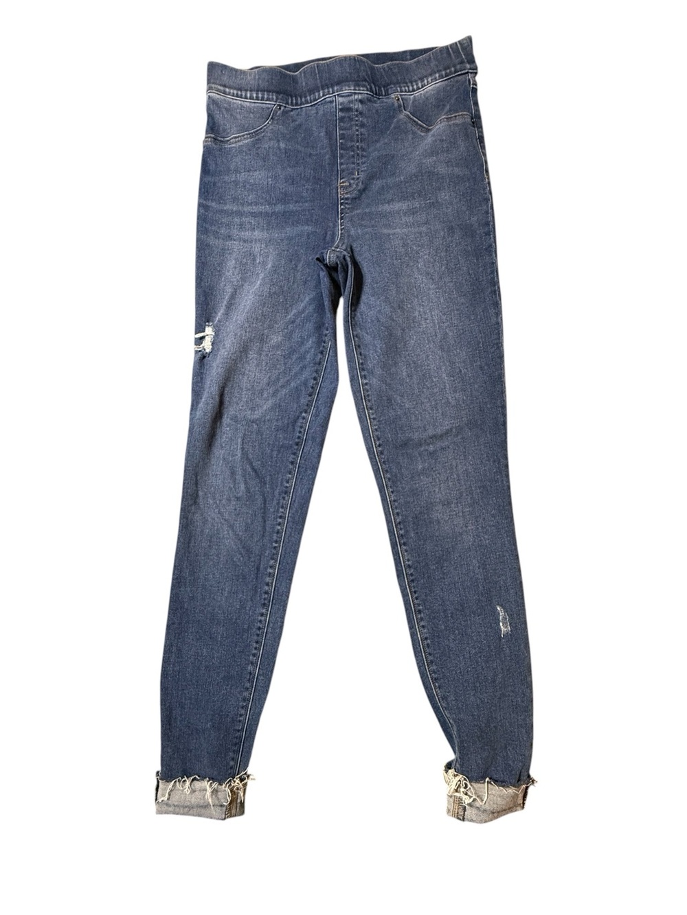 Spanx Womens Large Distressed Ankle Skinny Pull On Denim Jeans Raw Hem